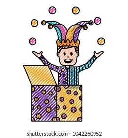 happy joker in the box with jester hat and balls trick