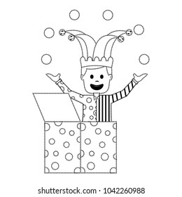 happy joker in the box with jester hat and balls trick