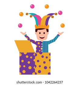happy joker in the box with jester hat and balls trick