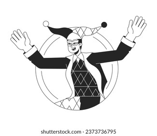 Happy joker having fun flat line black white vector character. Man in costume. Hat with bells. Editable outline half body person. Simple cartoon isolated spot illustration for web graphic design