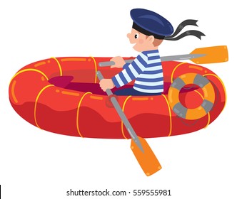 Happy jolly boy sailor in boat or lifeboat in vest and sailor hat. Children vector illustration.