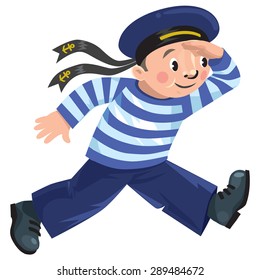 Happy jolly boy-sailor in vest and sailor hat running forward