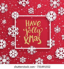 Happy jolly xmas card with snowflakes on red background. Vector illustration banner.