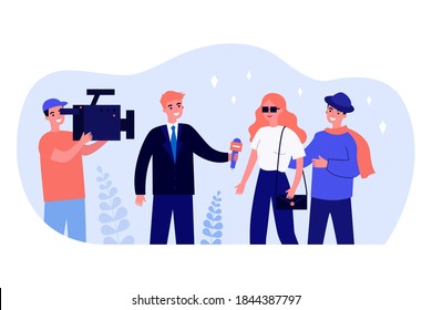Happy journalist interviewing celebrity. Camera, microphone, star flat vector illustration. Television and broadcast concept for banner, website design or landing web page