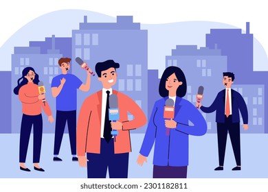 Happy journalists with microphones and political opponents. Reporters with microphones silenced for criticizing government vector illustration. Freedom of speech, media, politics concept