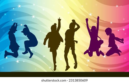 Happy and joy dancing children silhouettes with background