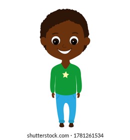 Happy and joyful adorable African or African American boy in cartoon style Isolated on a white background. The child stands upright and is dressed in blue trousers and a brown turtleneck.