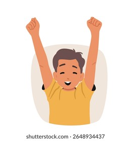 Happy joyful boy child cartoon character with raised hands eyes closed rejoicing life bubble portrait design. Little male kid feeling inspiration, self-acceptance and motivation vector illustration