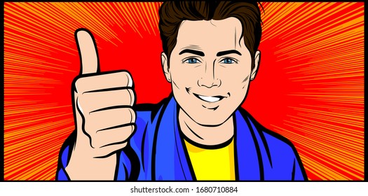 Happy Joyful businessman lifts his thumb up. Approving gesture. Pop Art retro comic book cartoon drawing vector illustration vintage
