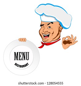 Happy joyful Chef and big plate.Face Chef.Restaurant business. Vector