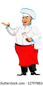 Happy joyful Chef on a white.Restaurant business. Vector