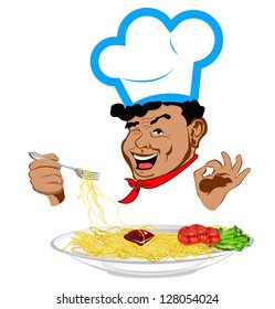 Happy joyful Chef and traditional Italian spaghetti. Vector