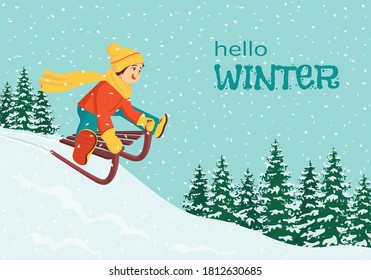 Happy joyful child flies down the mountain on a sled. Concept for greeting card, poster, banner hello winter. Outdoor activities during the cold season. Winter snow fun. Cartoon vector illustration