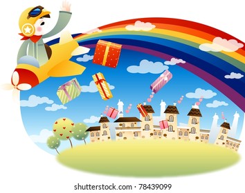 Happy and Joyful Child with Many Presents - on white background : vector illustration