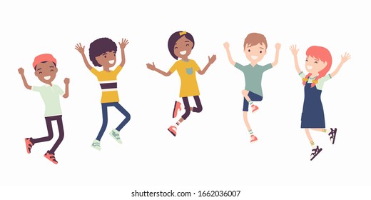 Happy joyful children jumping with joy. Cute kids having fun, diverse group of school friends enjoy free time together, entertainment or holiday activity. Vector flat style cartoon illustration