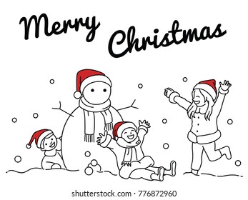 Happy and joyful children playing snow outdoor with snowman in concept of Happy Merry Christmas celebration. Outline, linear, thin line art, doodle, hand drawn sketch. 