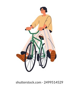 Happy joyful cyclist having fun during bike ride. Carefree character enjoying bicycle travel, leisure activity. Smiling modern person cycling. Flat vector illustration isolated on white background