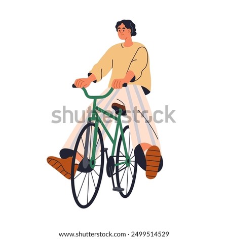 Happy joyful cyclist having fun during bike ride. Carefree character enjoying bicycle travel, leisure activity. Smiling modern person cycling. Flat vector illustration isolated on white background