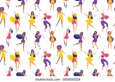 Happy joyful dancing woman party seamless pattern. Female movement