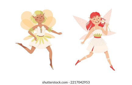 Happy joyful elf girls in nice dresses. Lovely fairytale fairies vector illustration