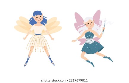 Happy joyful elf girls with pointed ears wearing nice dresses vector illustration