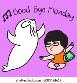 Happy Joyful Funny Girl And Seal Jumping Together With Arms Up. Good Bye Monday Concept Card Character Illustration