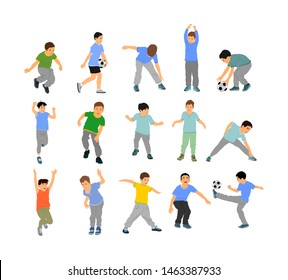 Happy joyful kid, little boy collection doing exercises vector illustration isolated on white. Funny boy jumping or playing plane game. Spread hands flying. widespread hands open. Smiling child enjoy.