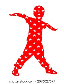 Happy joyful kid, little boy doing exercises vector silhouette illustration isolated on white. Funny boy playing plane game. Spread hands flying widespread hands open. USA America flag stars over boy.