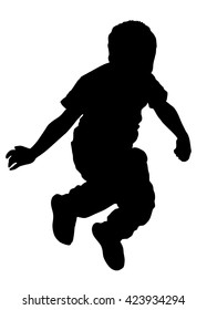Happy joyful kid, little boy jumping high, vector silhouette illustration isolated on white background.