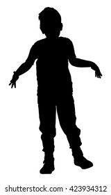 Happy joyful kid, little boy doing exercises , vector silhouette illustration isolated on white background.