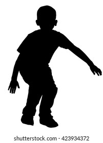 Happy joyful kid, little boy doing exercises , vector silhouette illustration isolated on white background.