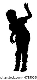Happy joyful kid, little boy doing exercises , vector silhouette illustration isolated on white background. child waving silhouette. Say hello, bye bye.