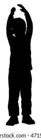 Happy joyful kid, little boy doing exercises , vector silhouette illustration isolated on white background. Hands in the air.
