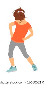 Happy joyful kid, little girl doing exercises vector illustration isolated on white. Playing smiling child stretching and sport activity Worming up training. Young lady with ponytails. Cute daughter.