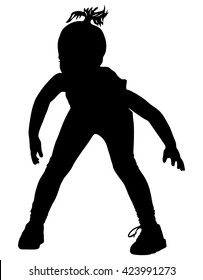 Happy joyful kid, little girl doing exercises, vector silhouette illustration isolated on white background.