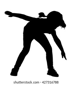 Happy joyful kid, little girl doing exercises, vector silhouette illustration isolated on white background. Like a plane.