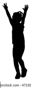 Happy joyful kid, little girl doing excercises , vector silhouette illustration isolated on white background. Jumping girl, hands in the air.