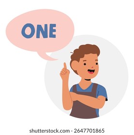 Happy joyful kid preschool boy cartoon character counting one round portrait with text speech bubble vector illustration. Education material for preschooler, colorful card design for studying