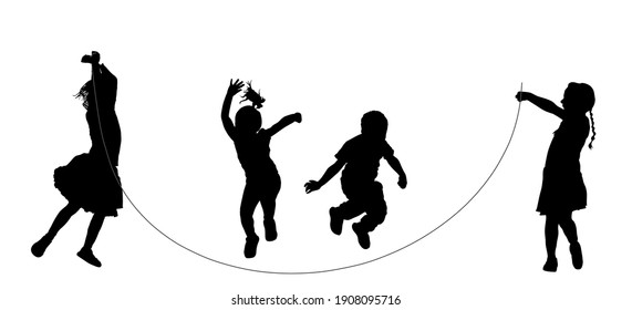 Niños felices y alegres, niños y niñas haciendo ejercicios, saltando con silueta vectorial de cuerda de salto aislada en blanco. Niños divertidos jugando saltando una cuerda. Atractivo niño sonriente, hija e hijo jugando.