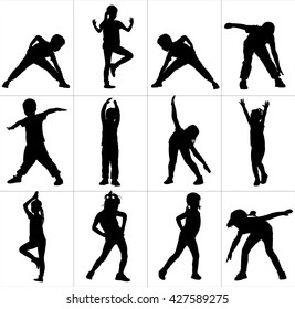 Happy joyful kids, little boys and girls doing exercises, vector silhouette illustration isolated on white background. Active life.  Strain, racking, warming up.