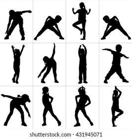 Happy joyful kids, little boys and girls doing exercises, vector silhouette illustration isolated on white background. Active life. Strain racking, warming up. Recreation health care children training