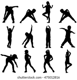 Happy joyful kids, little boys and girls doing exercises, vector silhouette illustration isolated on white background. Active life. Strain, racking, warming up.