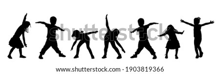 Happy joyful kids, little boys and girls doing exercise vector silhouette isolated on white. Funny playing plane game. Spread hands flying symbol widespread hands open. Smiling children enjoy laughing