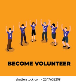 Happy Joyful Male and Female Group From Social Charity Service Stand Together with Raised Arms isometric 3d vector illustration concept for banner, website, illustration, landing page, flyer, etc.
