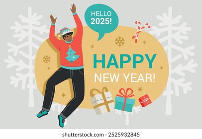 happy joyful man in ugly sweater new celebrating year by jumping. seasonal christmas or new year illustration. winter holidays. vector hand drawn design template. print or web. horizontal