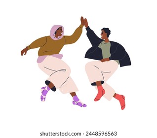 Happy joyful men jumping, giving high five with joy. Excited friends celebrating with positive energy, rejoicing, exulting, greeting with hand. Flat vector illustration isolated on white background