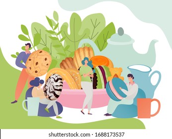 Happy, joyful men and women eat tasty food, vector illustration in flat style. The concept of a bakery for making sweets to meet the needs of people. Colorful banner for advertising a bakery product.
