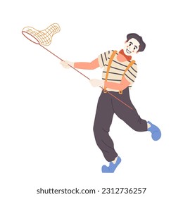 Happy joyful mime actor clown cartoon character with scoop-net dancing and showing pantomime