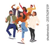 Happy joyful multiracial friends posing in different poses expressing positive emotions cartoon scene. Teenage guys and girls characters cheering, rejoicing and feeling fun vector illustration