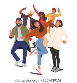 Happy joyful multiracial friends posing in different poses expressing positive emotions cartoon scene. Teenage guys and girls characters cheering, rejoicing and feeling fun vector illustration